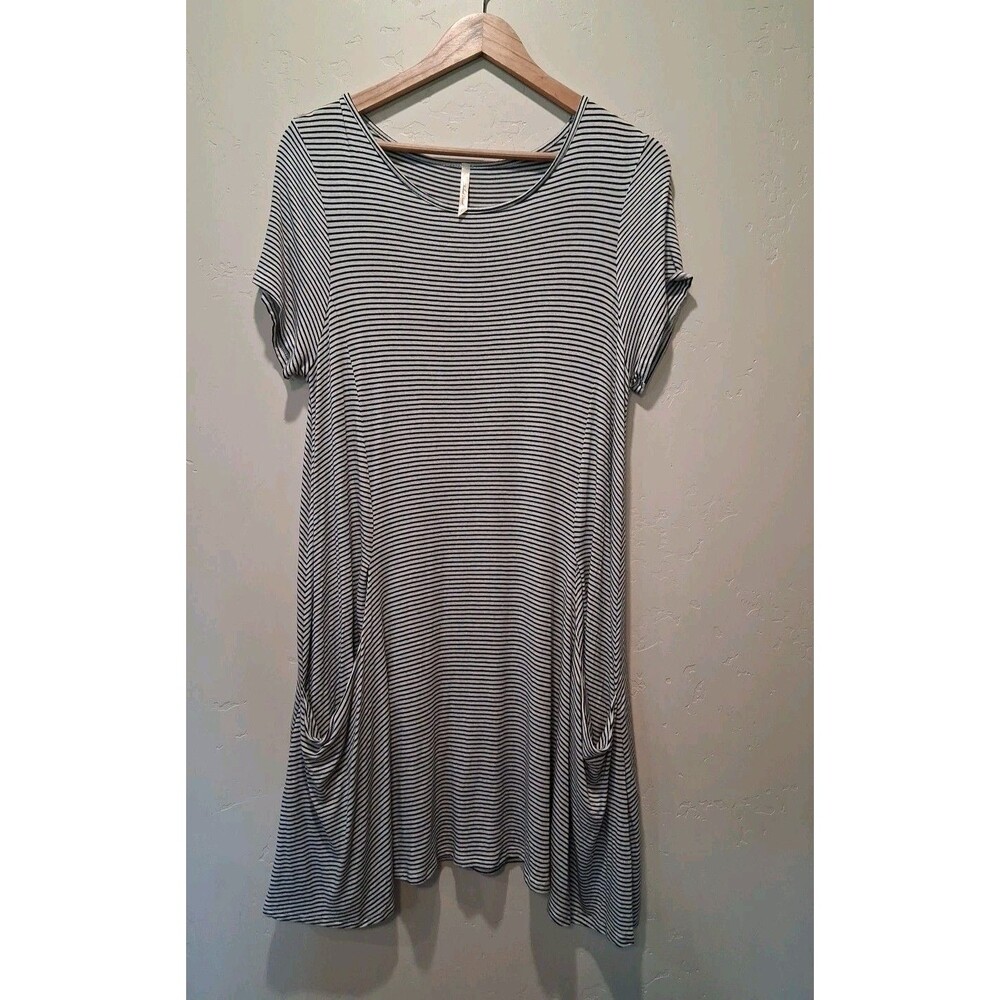 Michael Farrell Wmn's Size L White Black Striped Casual Dress Lagenlook Pockets